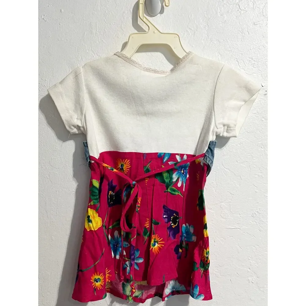 VTG Lil Byer Dress Toddler 2T Vest Floral Short Sleeve Western Denim Pink 90s